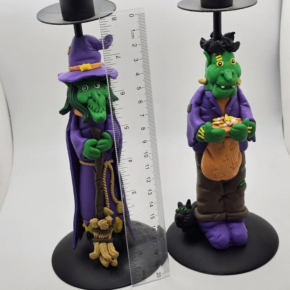 Halloween Candlestick Holders Witch & Frankenstein Polymer Clay 9.0